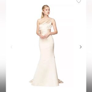 Size 10 extra long Bill Levkoff Satin Euro Champagne one Shoulder A-line gown